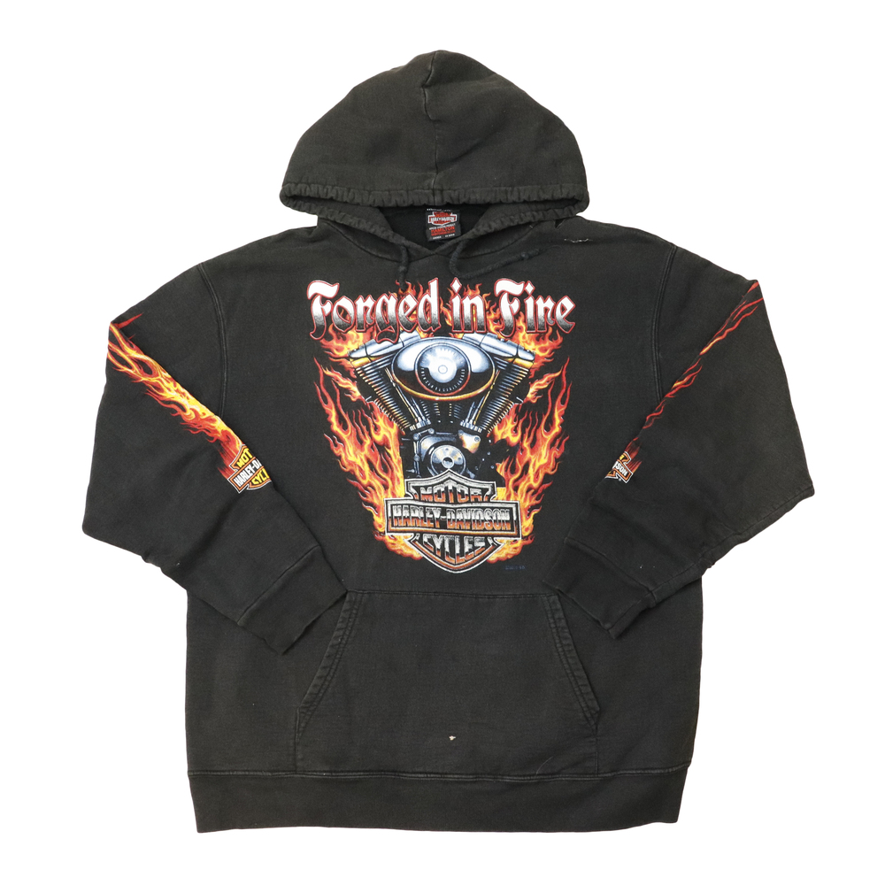Vintage Harley-Davidson Forged in Fire Graphic Hoodie Size L Sleeve Print